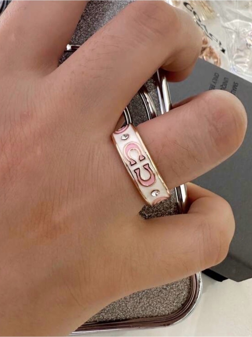 Elegant Pink Enamel Motif Ring with Crystal Accents